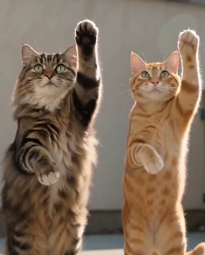 A tabby cat and an orange cat dancing side by side on their hind legs