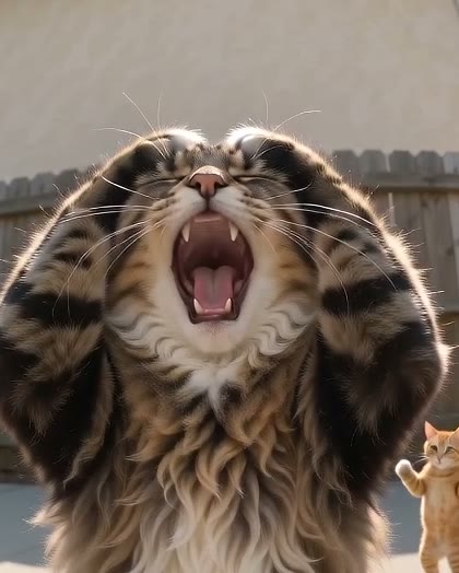 A long-haired tabby cat yowling at the camera with its paws on its head